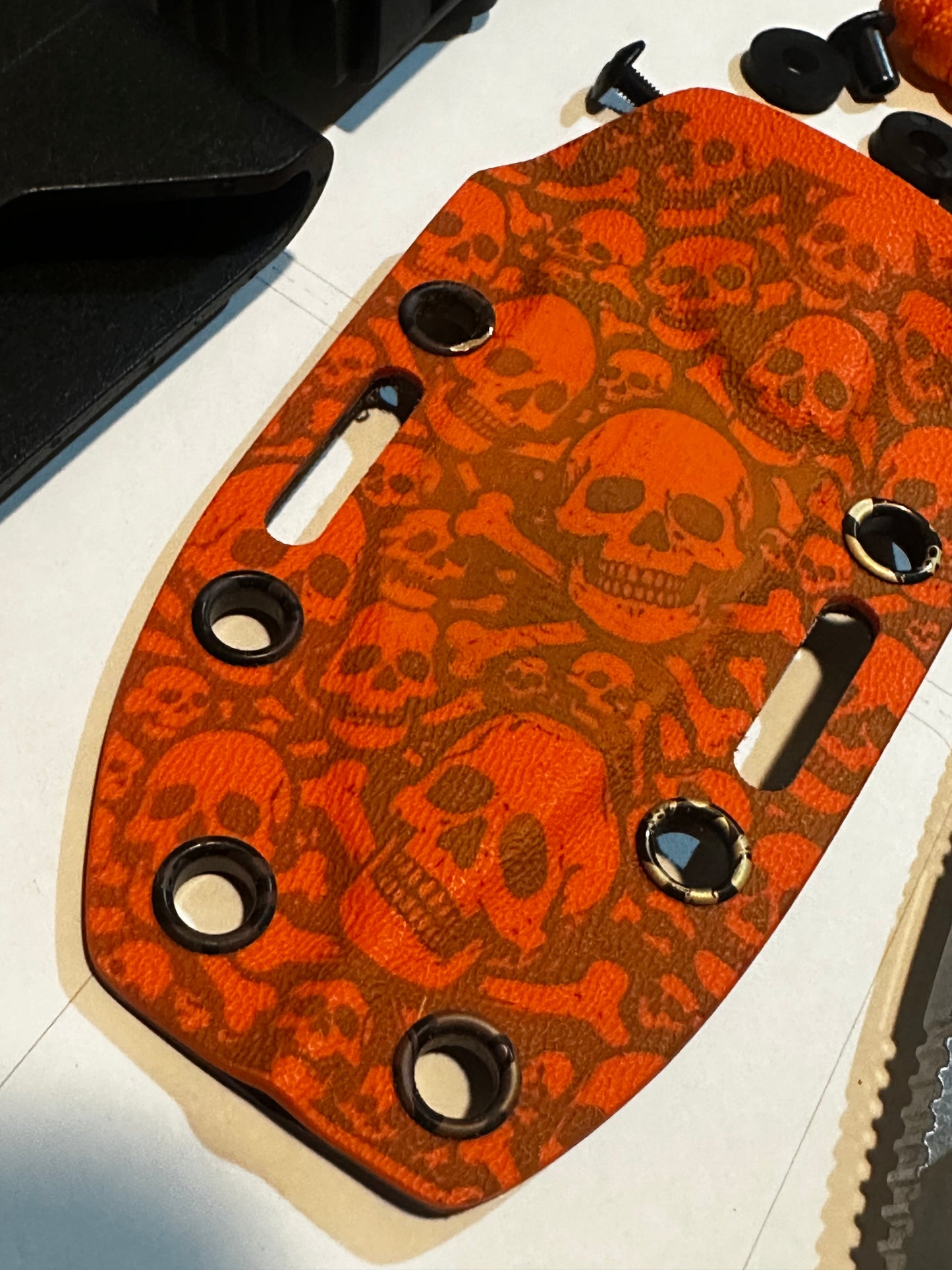 D2 Fixed Blade EDC Knife w/ Custom Orange Skull & Bones Pattern Kydex Sheath G10 Handle Dual Carry Clips 6.3”