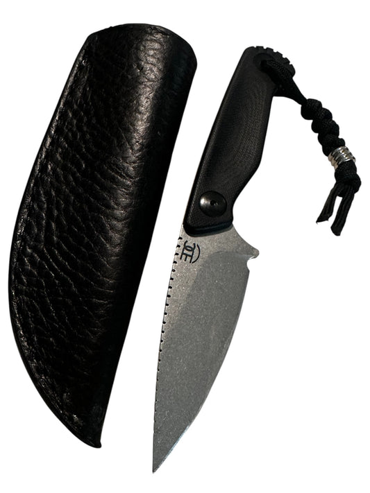 Compact 7.5” Stonewash Fixed black Micarta Handmade leather Sheath