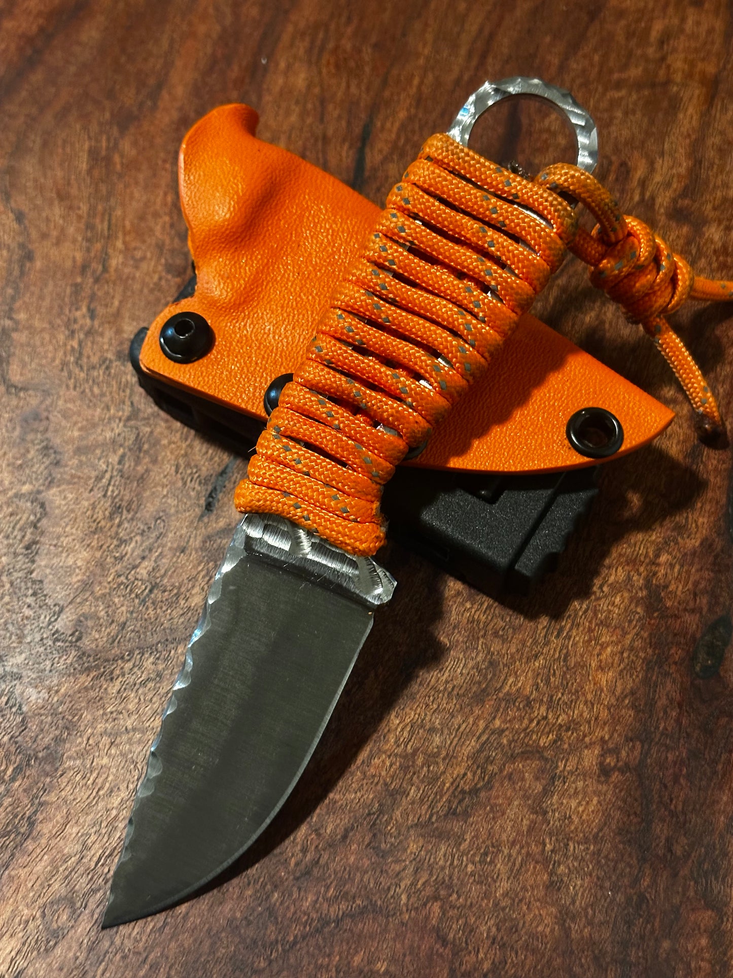 Handmade 8Cr13MoV Fixed Blade EDC Knife 2.375” Blade Orange Paracord Handle RockinEDC Kydex Sheath