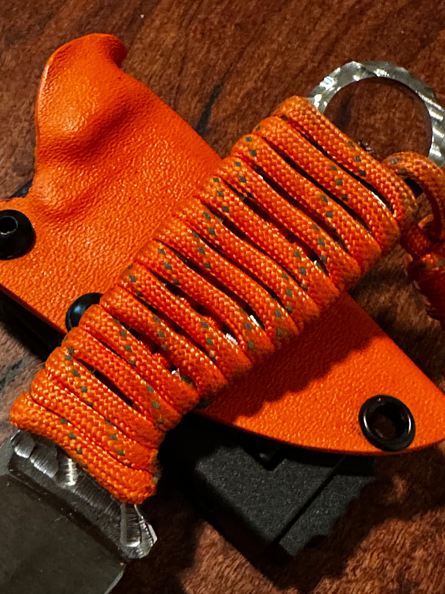 Handmade 8Cr13MoV Fixed Blade EDC Knife 2.375” Blade Orange Paracord Handle RockinEDC Kydex Sheath