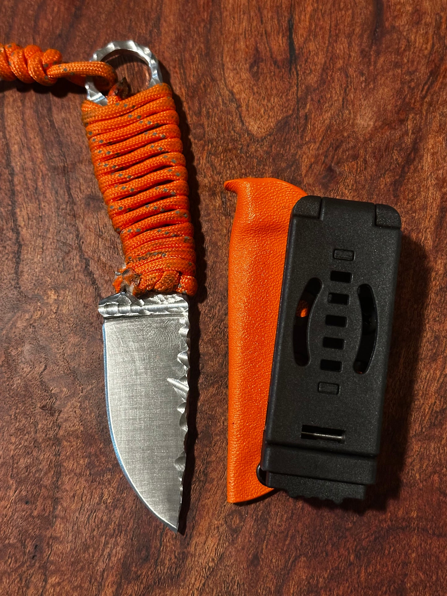 Handmade 8Cr13MoV Fixed Blade EDC Knife 2.375” Blade Orange Paracord Handle RockinEDC Kydex Sheath