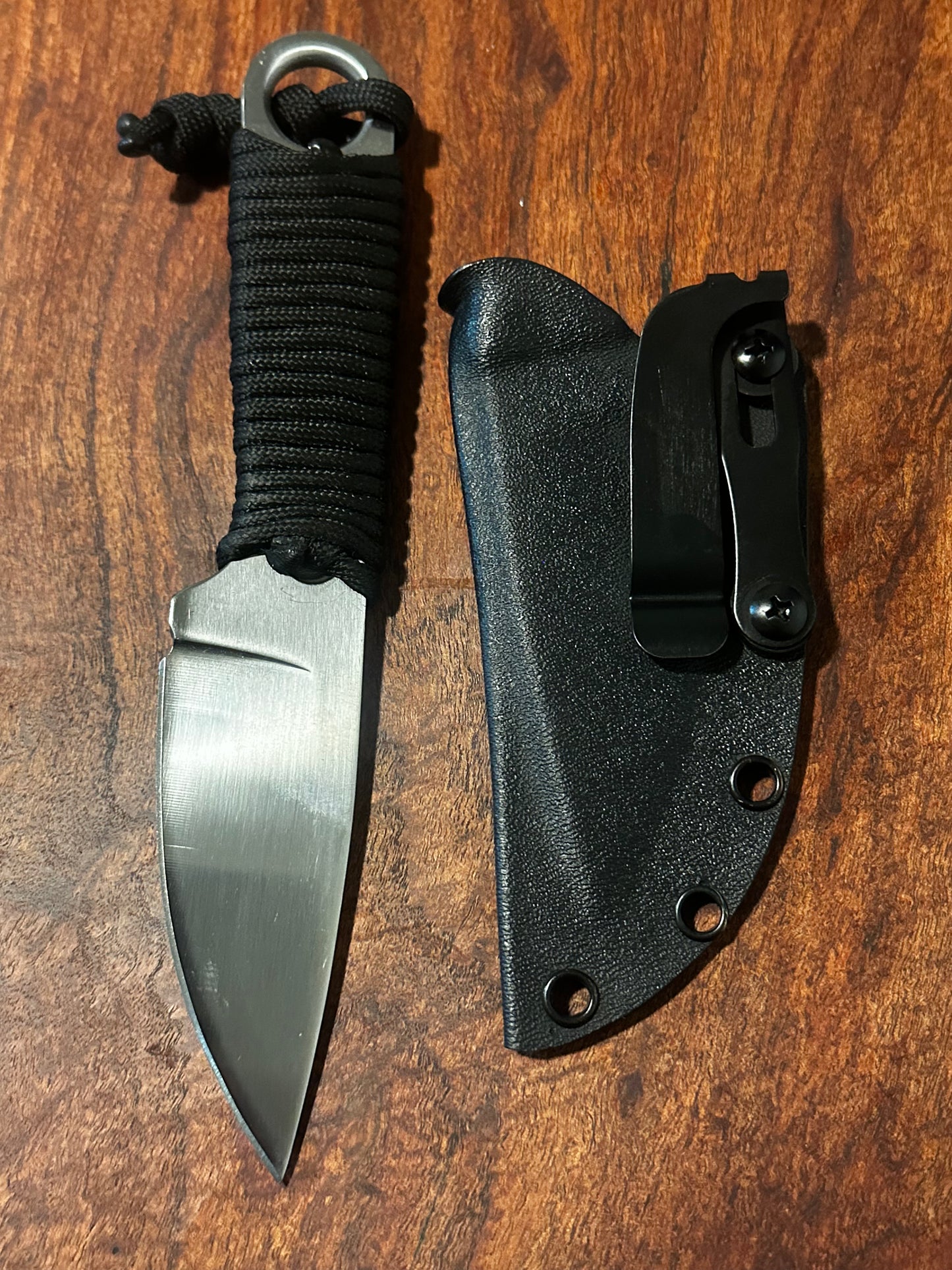 Handmade 8Cr13MoV Fixed Blade EDC Knife 3” Blade Black Paracord Handle Kydex Sheath