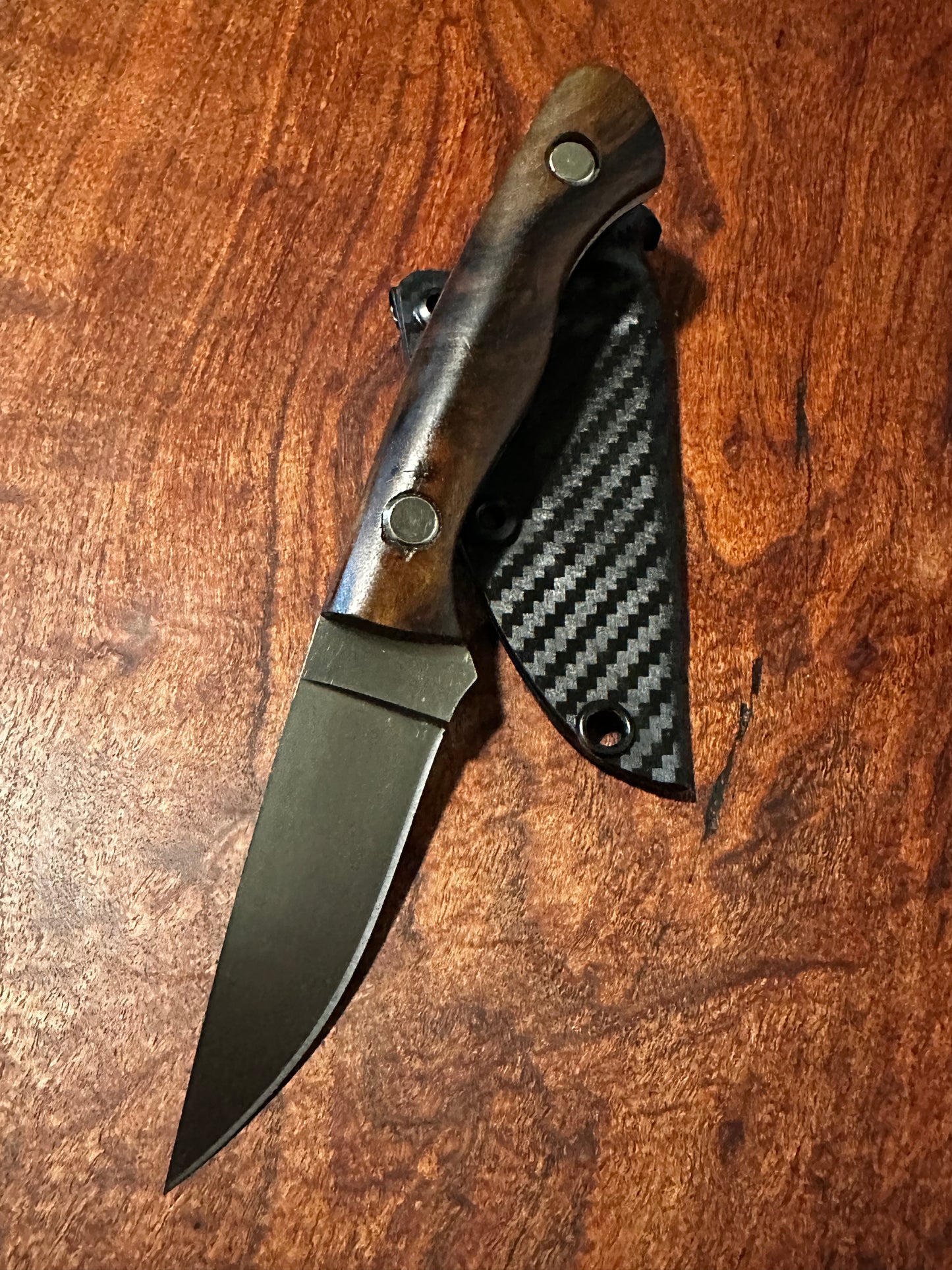 Handmade 8Cr13MoV Fixed Blade EDC Knife 3” Blade Claro Walnut Handle Carbon Kydex Sheath l