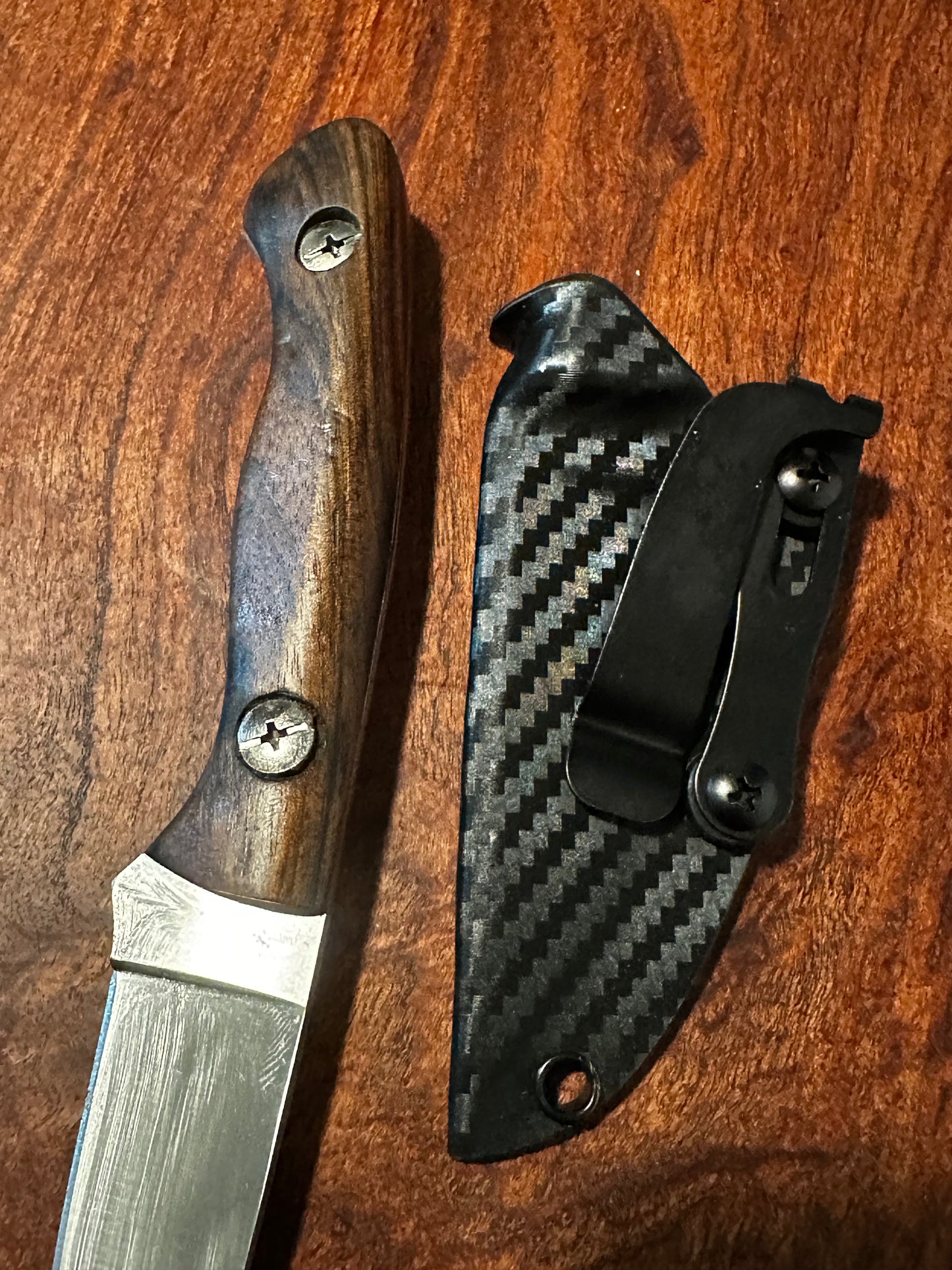 Handmade 8Cr13MoV Fixed Blade EDC Knife 3” Blade Claro Walnut Handle Carbon Kydex Sheath l