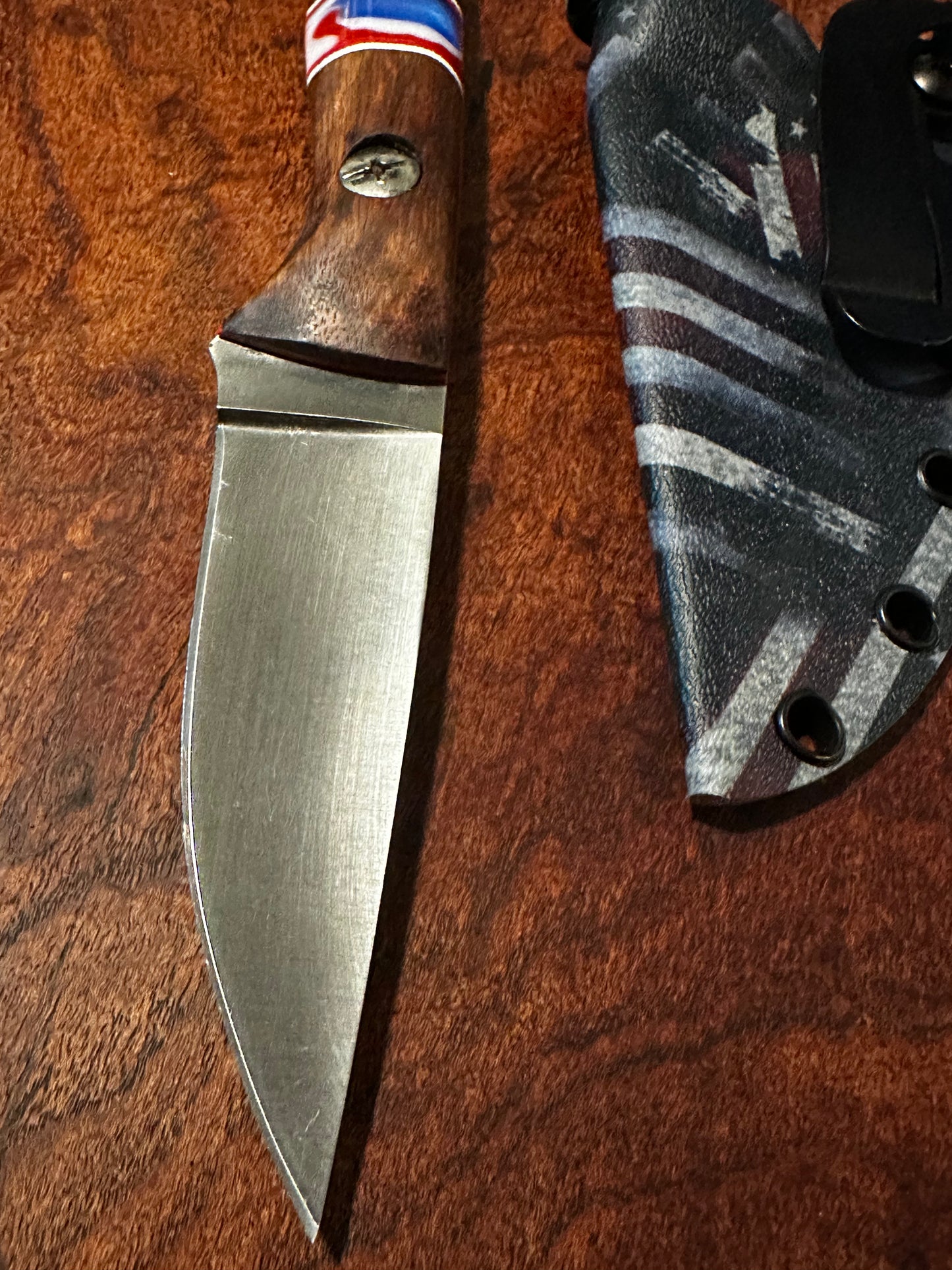 Handmade 8Cr13MoV Fixed Blade EDC Knife 3” Blade Bolivian Rosewood Handle USA Flag Kydex Sheath