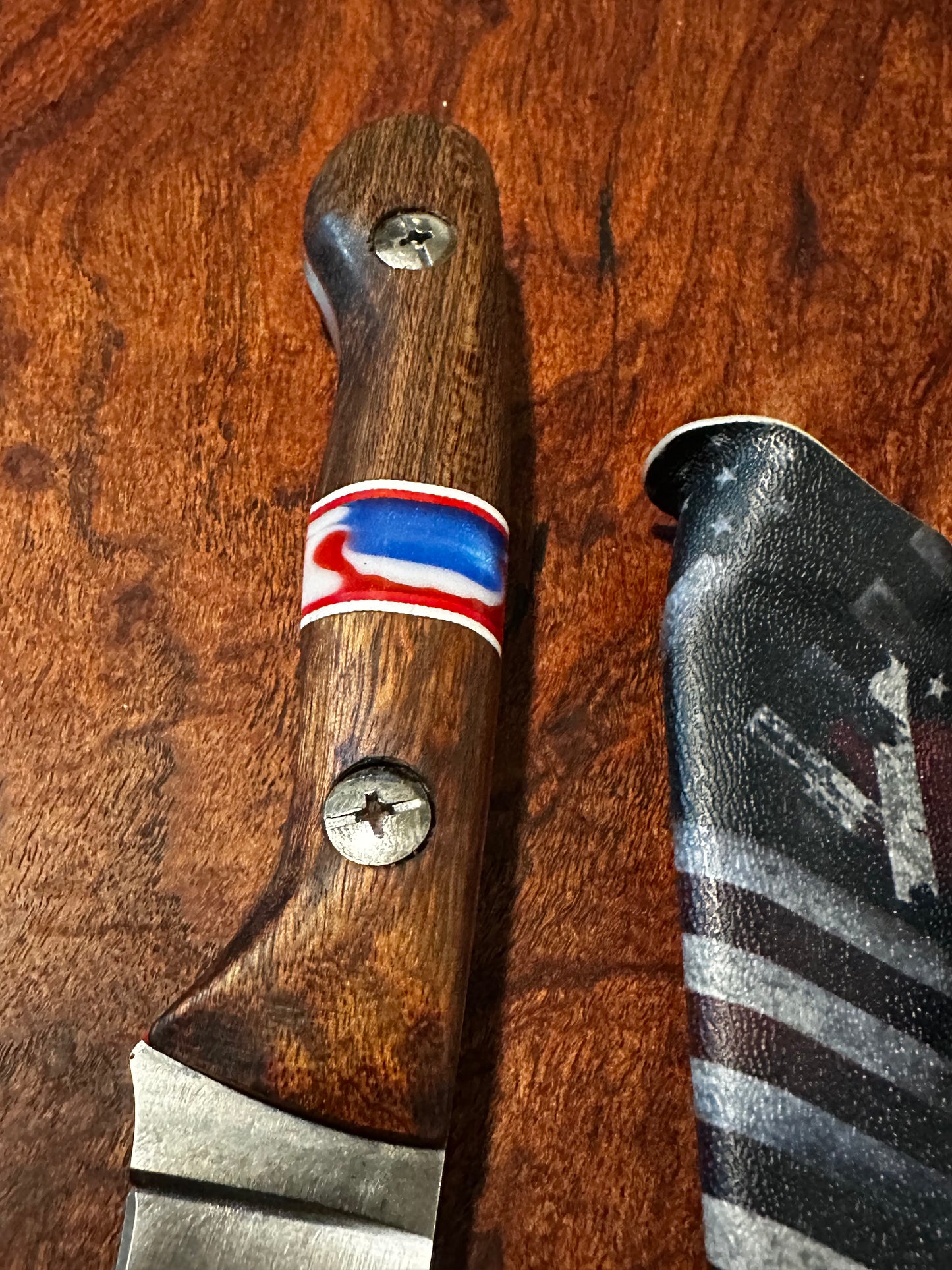 Handmade 8Cr13MoV Fixed Blade EDC Knife 3” Blade Bolivian Rosewood Handle USA Flag Kydex Sheath