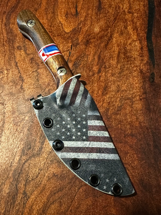 Handmade 8Cr13MoV Fixed Blade EDC Knife 3” Blade Bolivian Rosewood Handle USA Flag Kydex Sheath