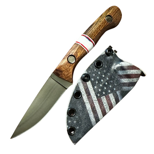 Handmade 8Cr13MoV Fixed Blade EDC Knife 3” Blade Bolivian Rosewood Handle USA Flag Kydex Sheath