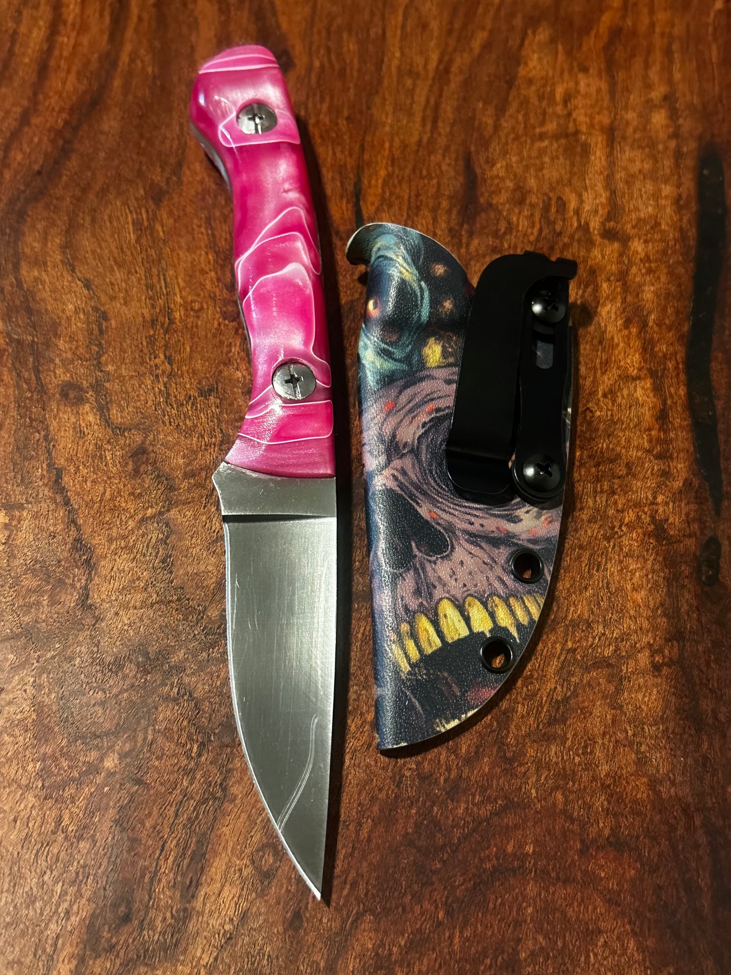Handmade 8Cr13MoV Fixed Blade EDC Knife 3” Blade Pink Resin Handle Zombie Kydex Sheath