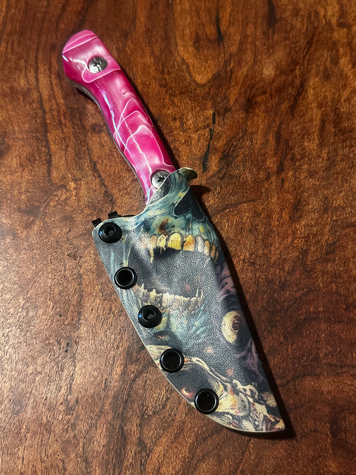 Handmade 8Cr13MoV Fixed Blade EDC Knife 3” Blade Pink Resin Handle Zombie Kydex Sheath