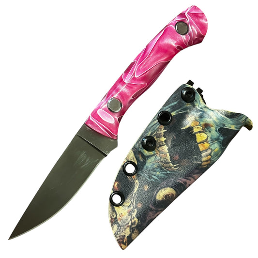 Handmade 8Cr13MoV Fixed Blade EDC Knife 3” Blade Pink Resin Handle Zombie Kydex Sheath