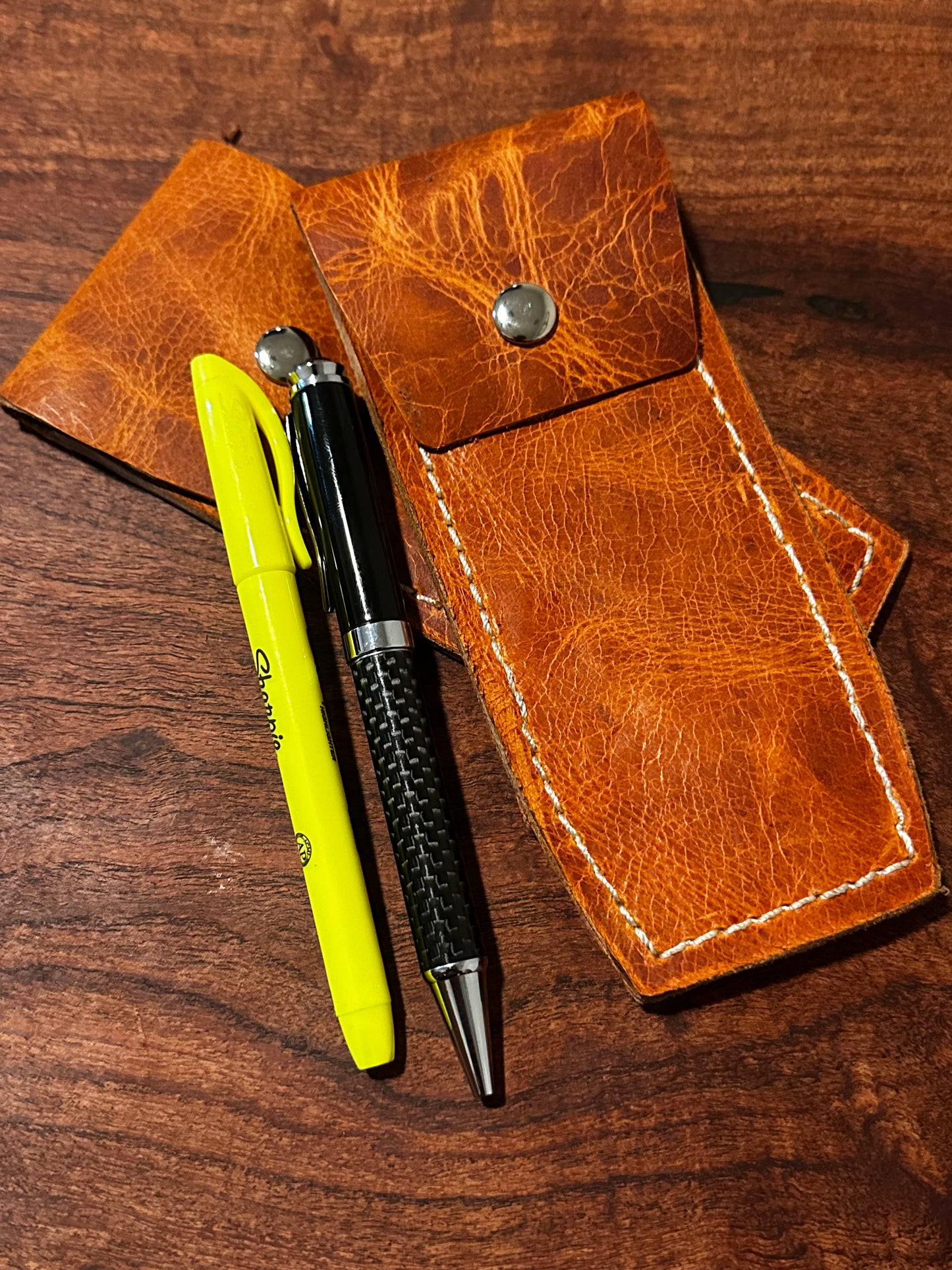 Handmade Orange Brown Leather Pen Case Two-Pen EDC Pouch White Stitching RockinEDC