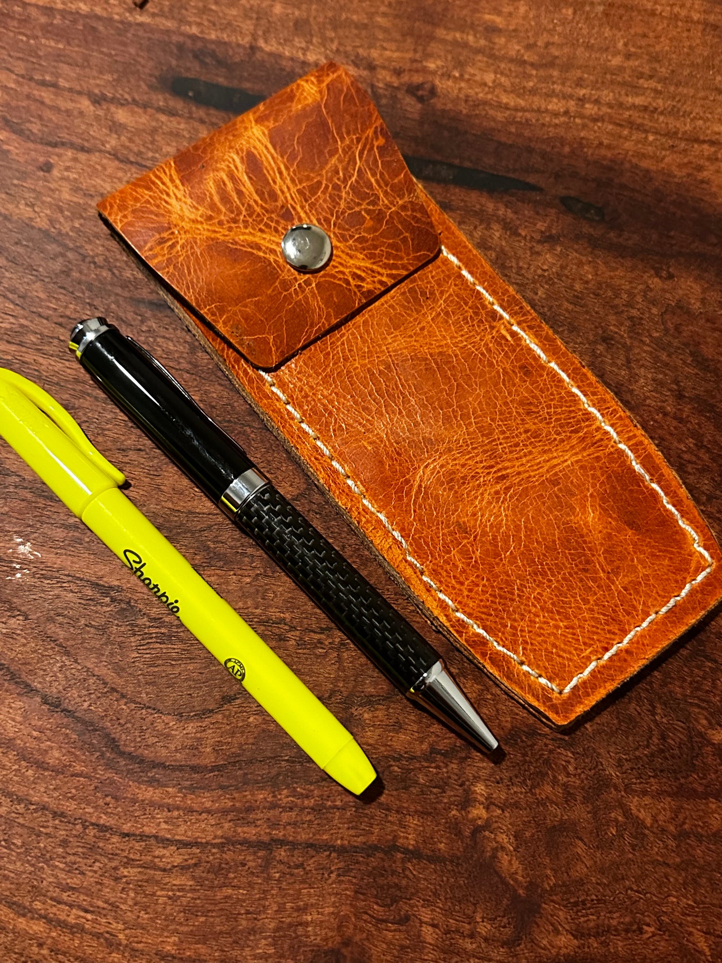Handmade Orange Brown Leather Pen Case Two-Pen EDC Pouch White Stitching RockinEDC