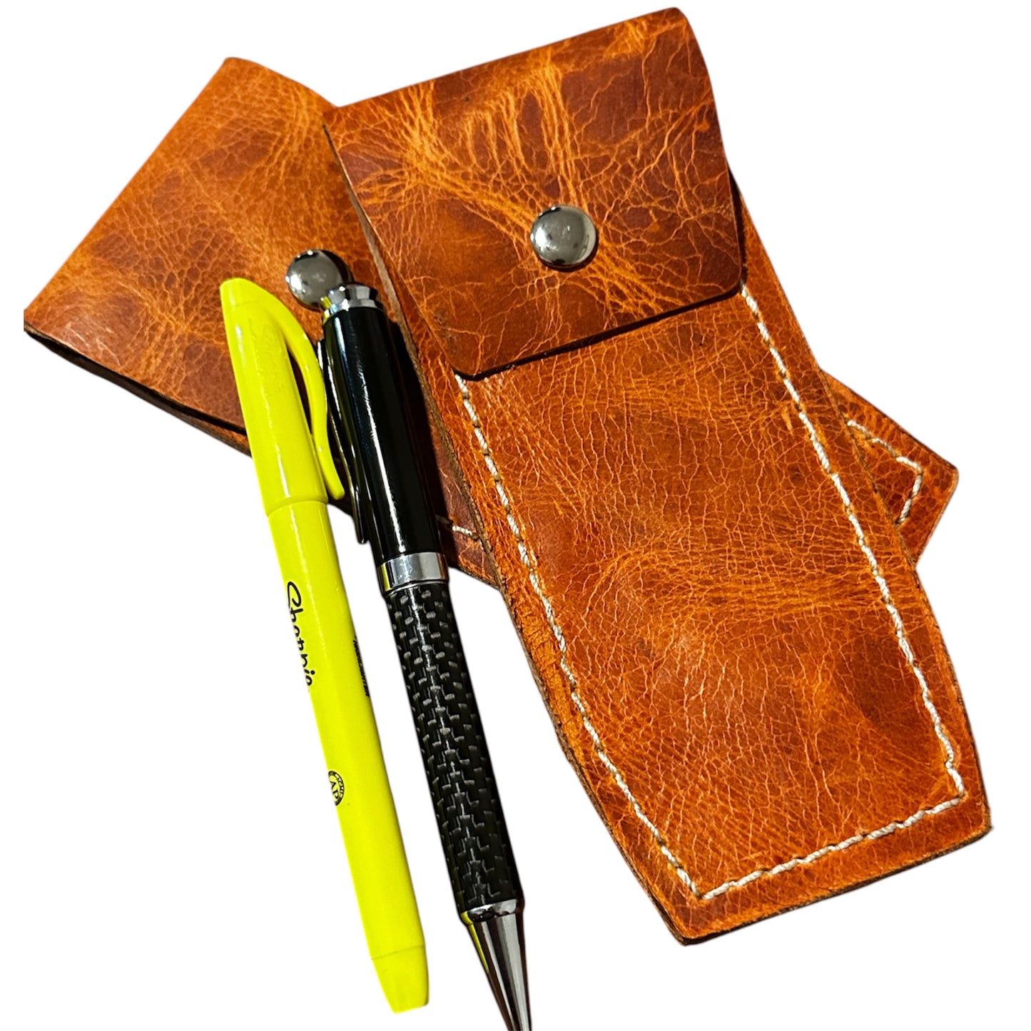 Handmade Orange Brown Leather Pen Case Two-Pen EDC Pouch White Stitching RockinEDC
