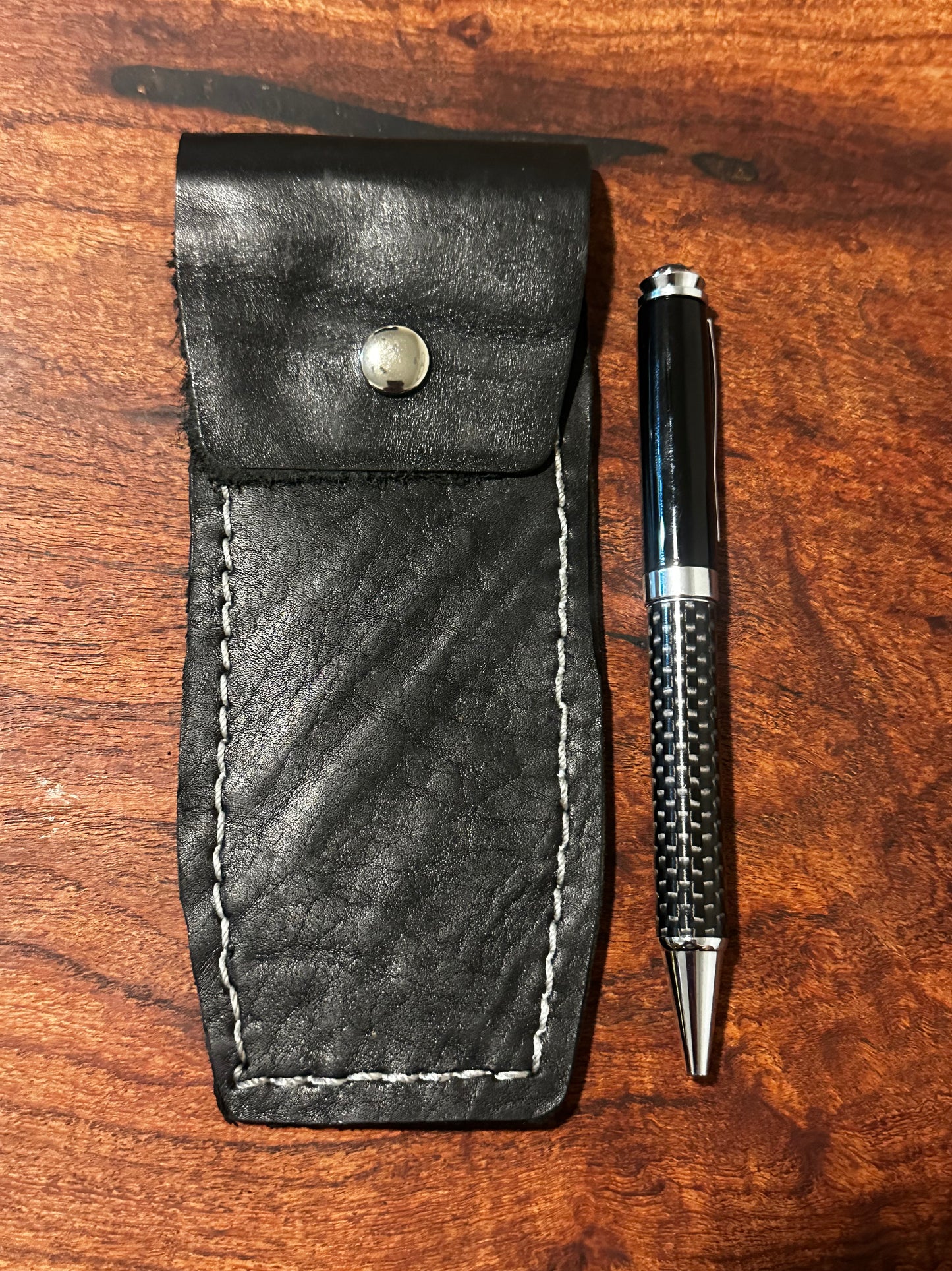 Handmade Black Leather Pen Case Two-Pen EDC Pouch White Stitching RockinEDC