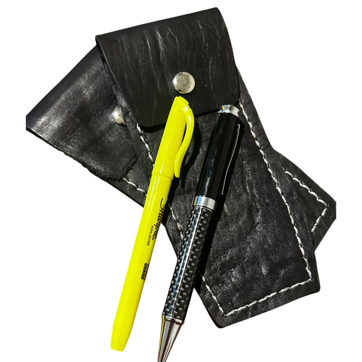Handmade Black Leather Pen Case Two-Pen EDC Pouch White Stitching RockinEDC