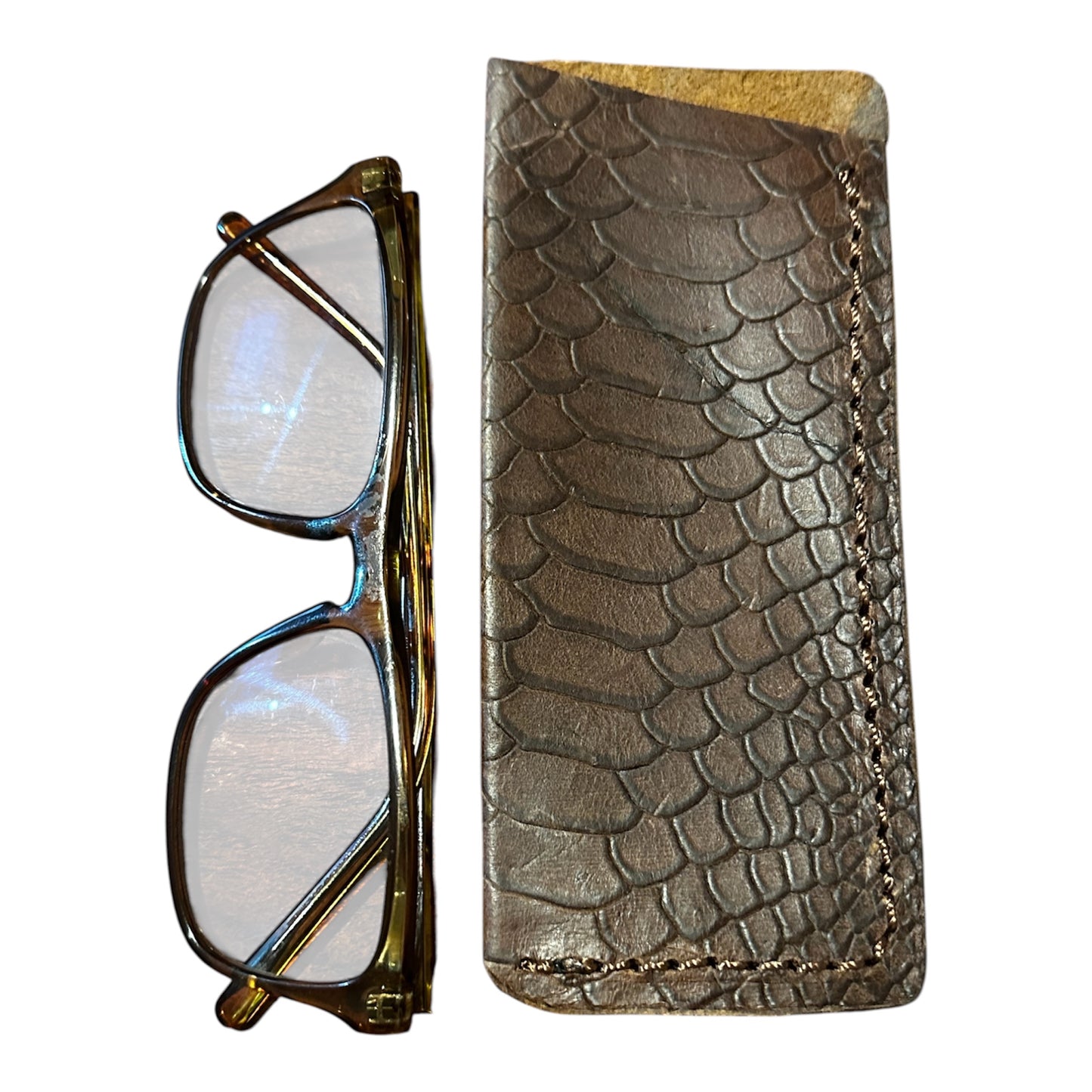 RockinEDC Handmade Leather Eyeglass Sleeve Snake Skin Pattern Brown Glasses Case 6X2.5 - 2.25 Opening