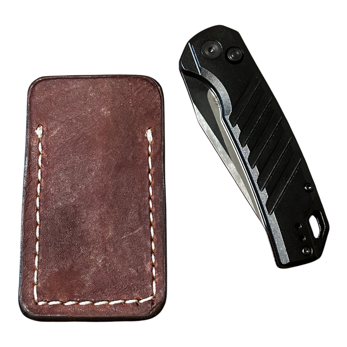 Handmade RockinEDC Leather Pocket Knife Slip EDC Knife Pouch Red/ Brown White Stitching Case Boker Kershaw SpyderCo