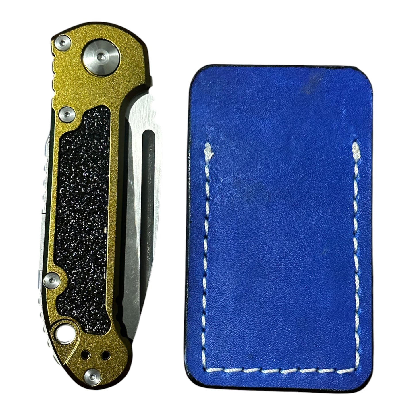 Handmade RockinEDC Leather Pocket Knife Slip EDC Knife Pouch Blue White Stitching Case Boker Kershaw SpyderCo