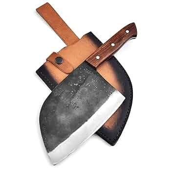 Butcher knife with leather sheath on a white background