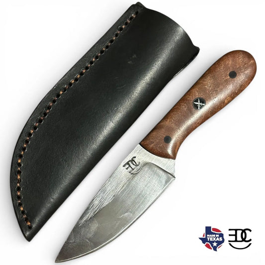 RockinEDC Handmade 1095 Mesquite EDC Knife w/ Black G10 & Black Leather Sheath Fixed Blade Texas Made