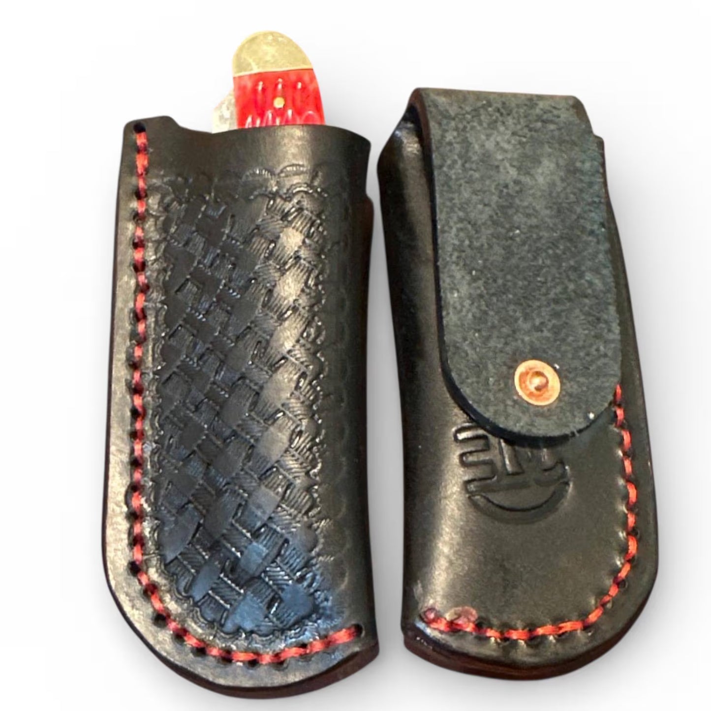 Handmade Tooled Genuine Leather Sheath for Boker, Case, Trapper, or Stockman 4.25 Style Pocket Knives. Hand Stitched Right Black #RockinEDC