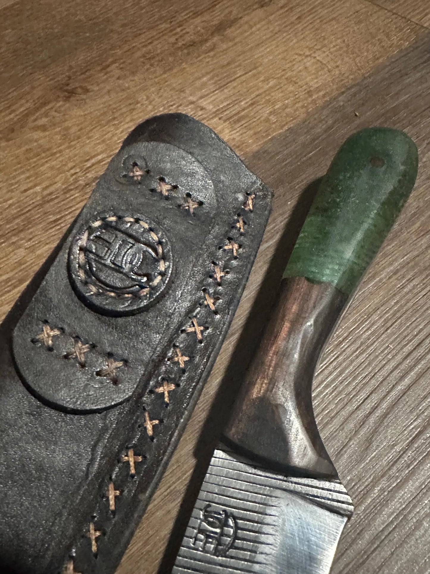 Hand Forged Farrier Rasp Chef Knife Rosewood & Green Resin Handle Handmade Leather Sheath RockinEDC  Made in Texas