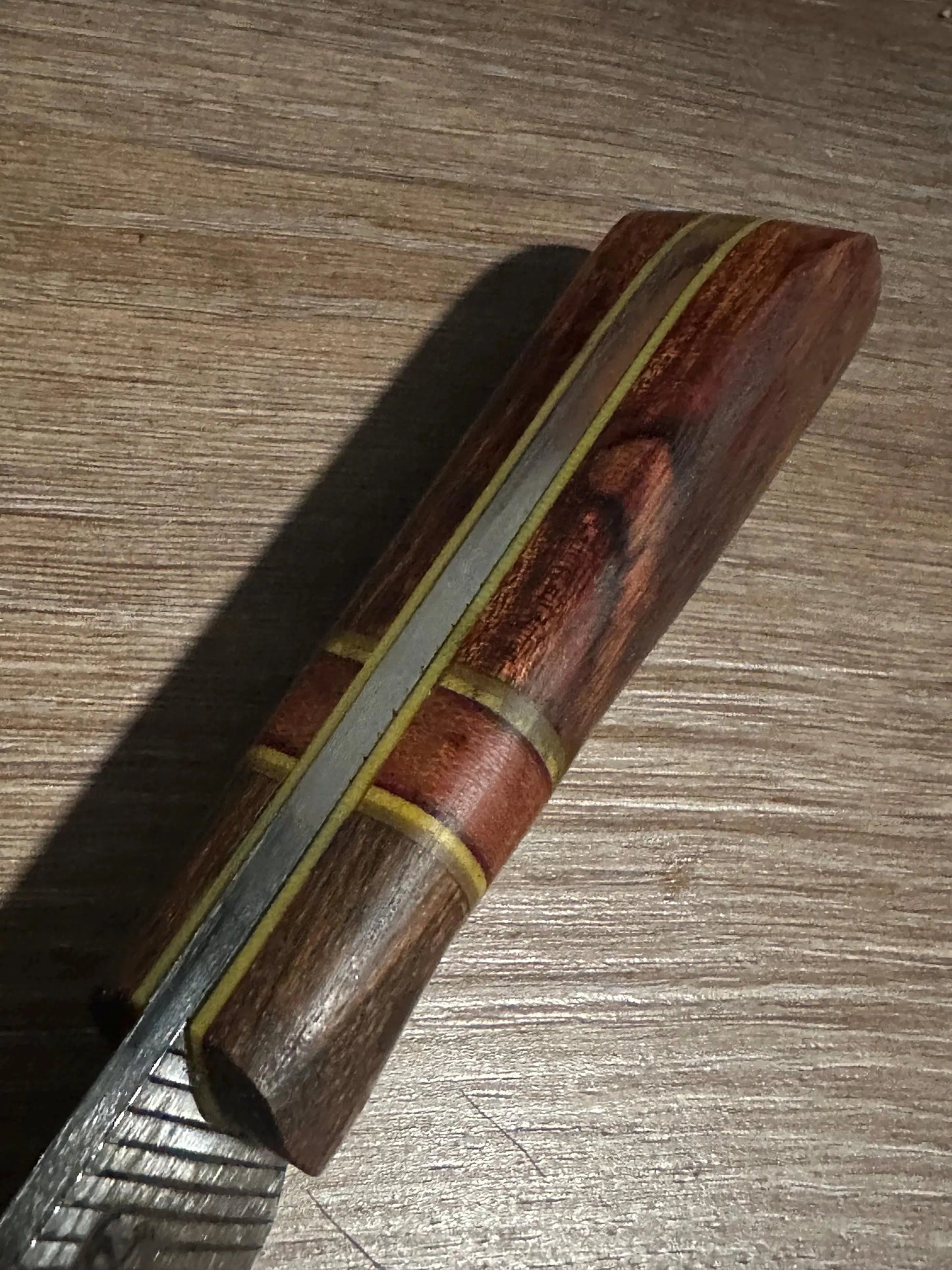Handmade Farrier Rasp Knife – Cocobolo & Rosewood Handle with Yellow G10 Spacers – Custom Fixed Blade with Kydex Sheath – Made in Texas
