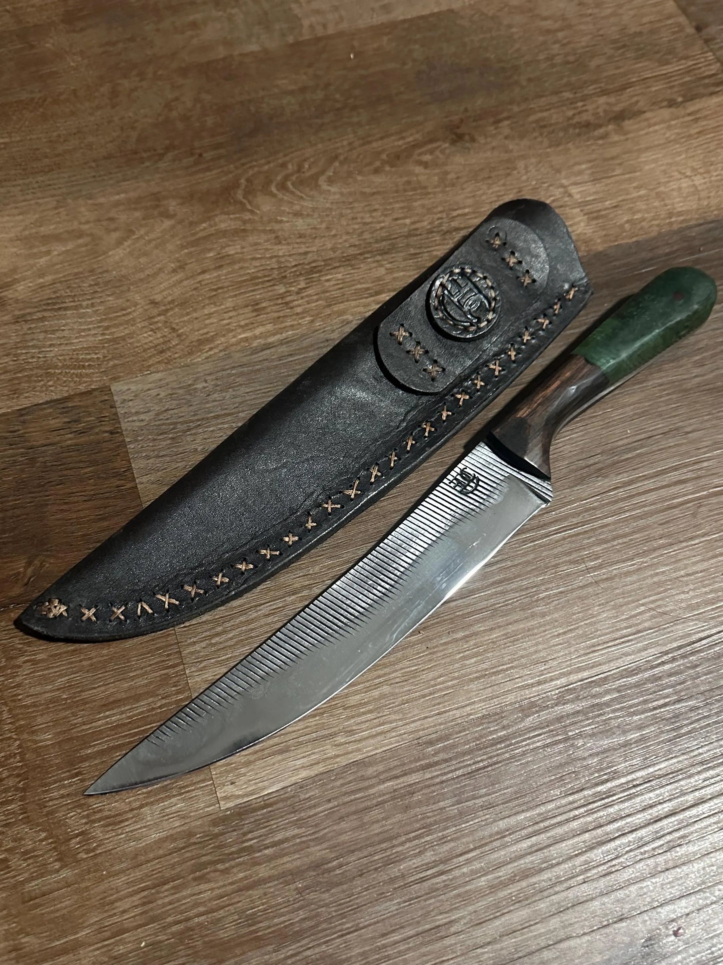 Hand Forged Farrier Rasp Chef Knife Rosewood & Green Resin Handle Handmade Leather Sheath RockinEDC  Made in Texas