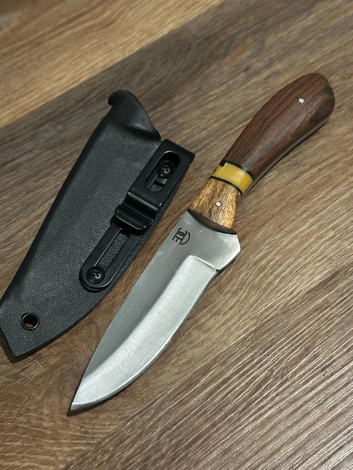 RockinEDC 8” Fixed Blade 8CR13MOV Steel Wood Handle Kydex Sheath FREE Engraving Texas Made Hunting Camping Fishing Rosewood & Bocate