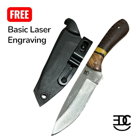 RockinEDC 8” Fixed Blade 8CR13MOV Steel Wood Handle Kydex Sheath FREE Engraving Texas Made Hunting Camping Fishing Maple & Wenge