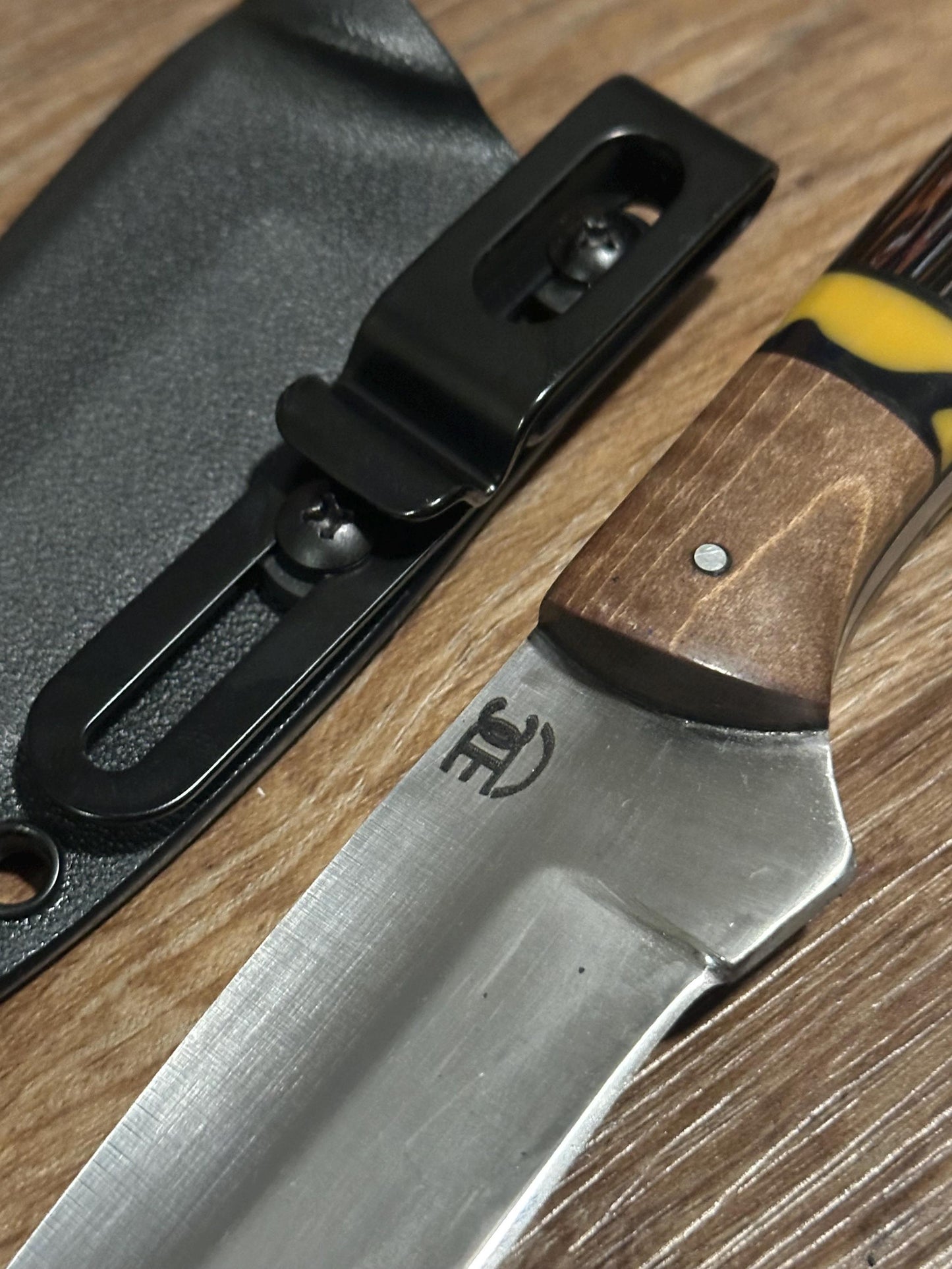 RockinEDC 8” Fixed Blade 8CR13MOV Steel Wood Handle Kydex Sheath FREE Engraving Texas Made Hunting Camping Fishing Maple & Blackpalm