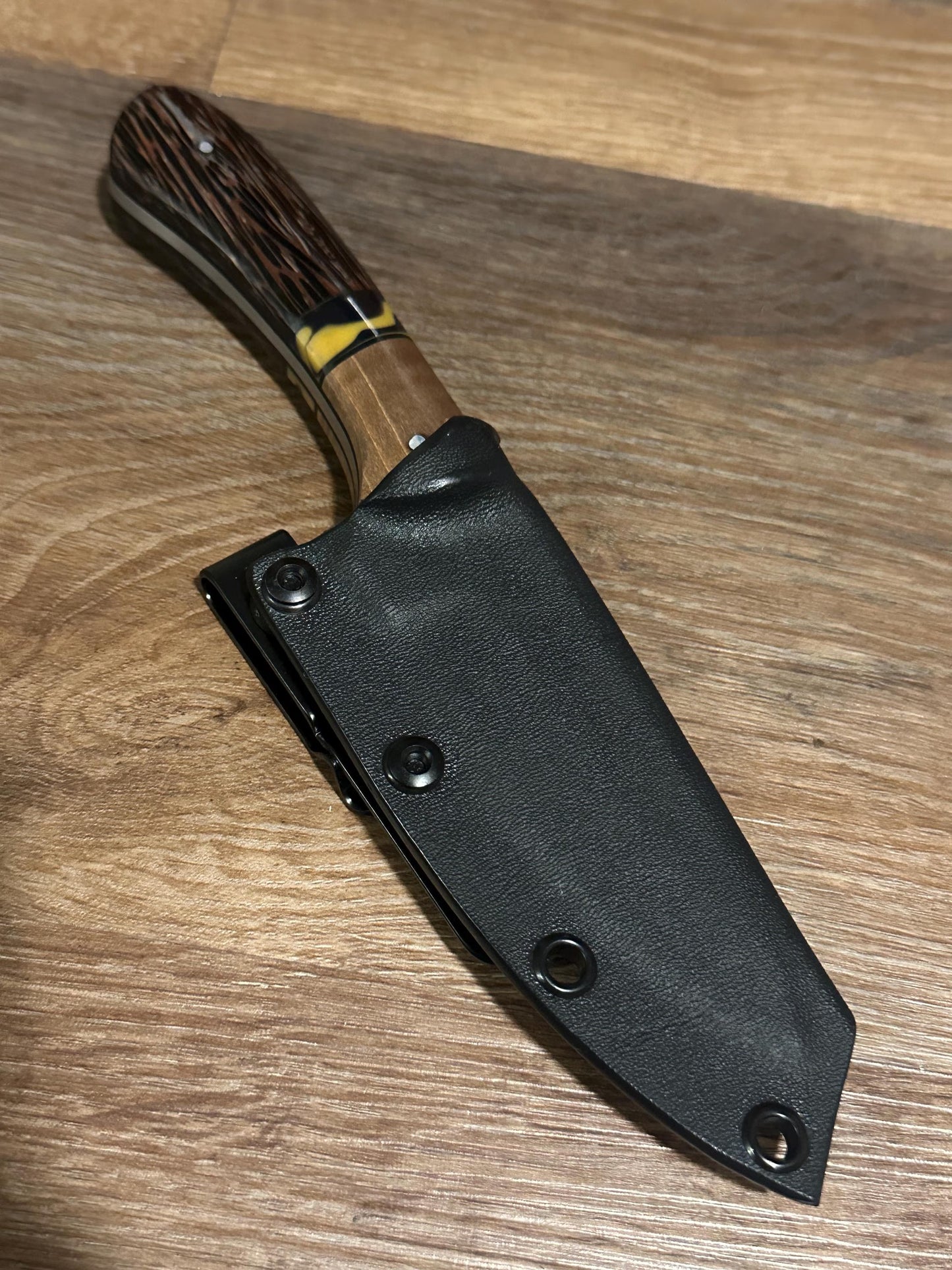RockinEDC 8” Fixed Blade 8CR13MOV Steel Wood Handle Kydex Sheath FREE Engraving Texas Made Hunting Camping Fishing Maple & Blackpalm