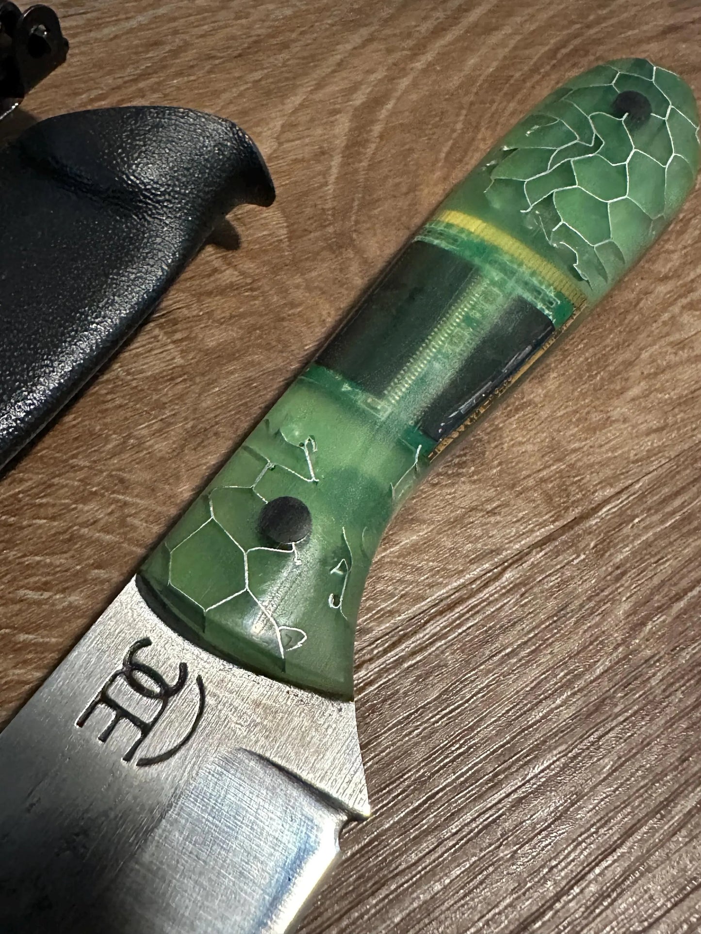 Handmade 7” 1095 Carbon Steel Knife with Computer Chip Handle Custom Engraved Fixed Blade Black Kydex Sheath Texas Made