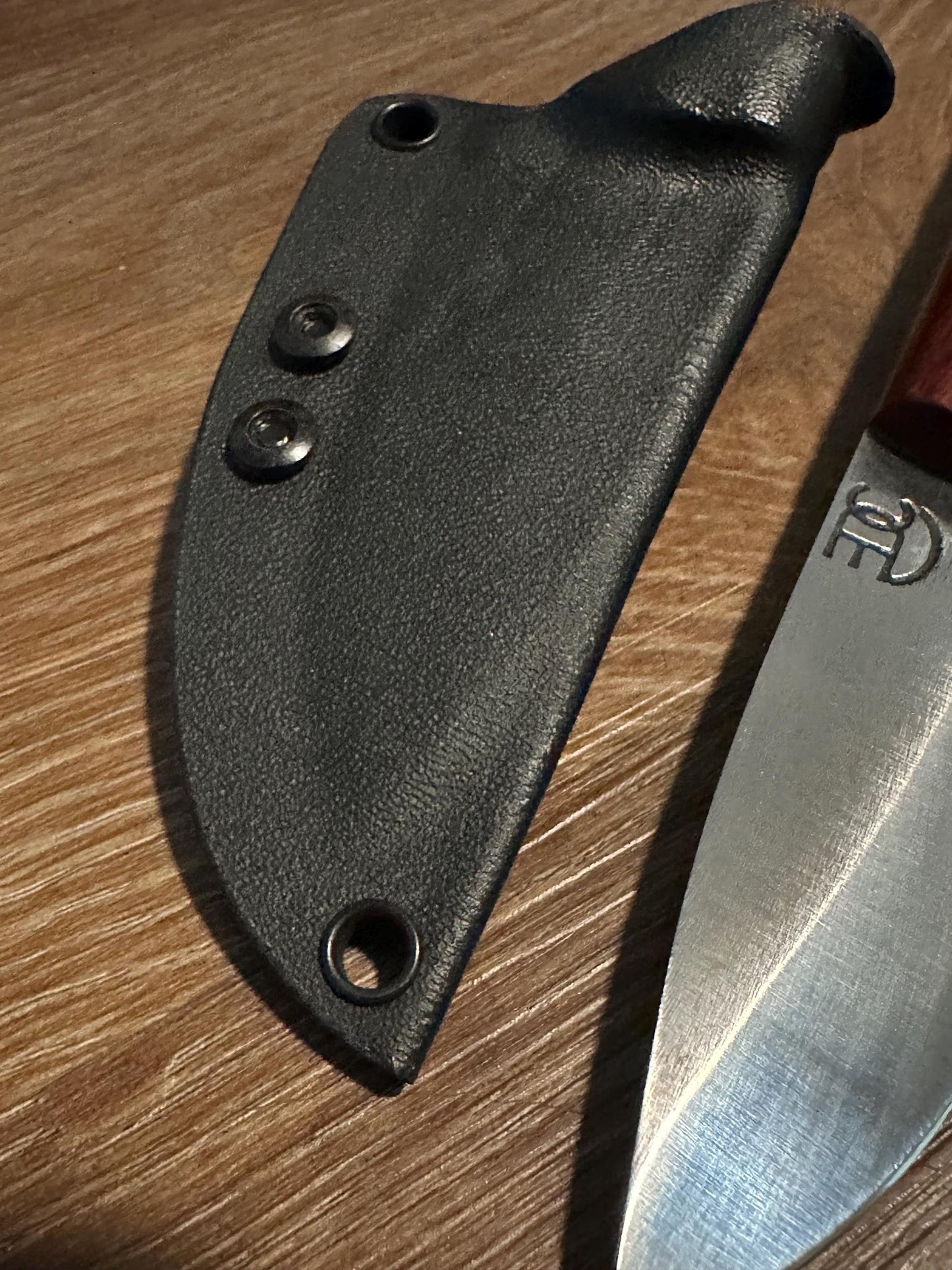 Handmade 7” 1095 Carbon Steel Knife Padauk & Micarta Handle Black Kydex Sheath w/ UtiliClip Texas Made RockinEDC