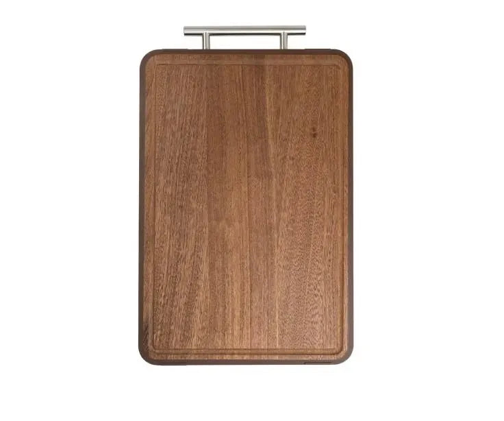Wooden cutting board with a metal handle on a white background
