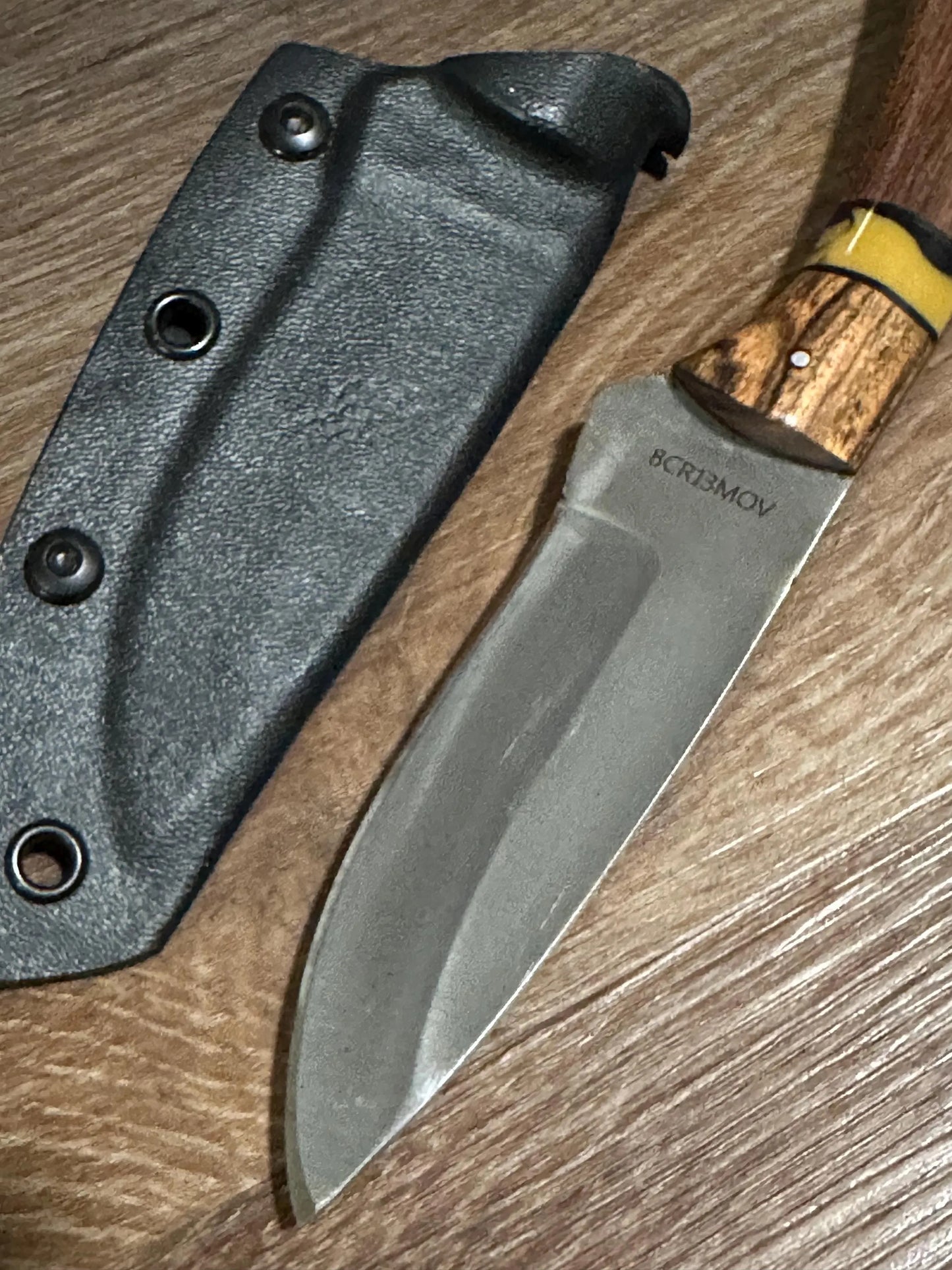 RockinEDC 8” Fixed Blade 8CR13MOV Steel Wood Handle Kydex Sheath FREE Engraving Texas Made Hunting Camping Fishing Rosewood & Bocate