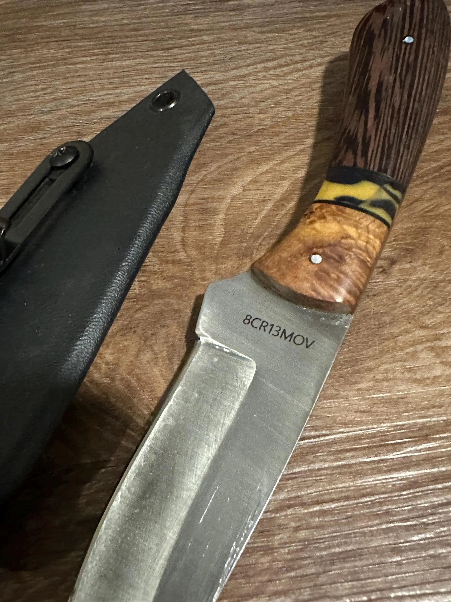 RockinEDC 8” Fixed Blade 8CR13MOV Steel Wood Handle Kydex Sheath FREE Engraving Texas Made Hunting Camping Fishing Maple & Wenge