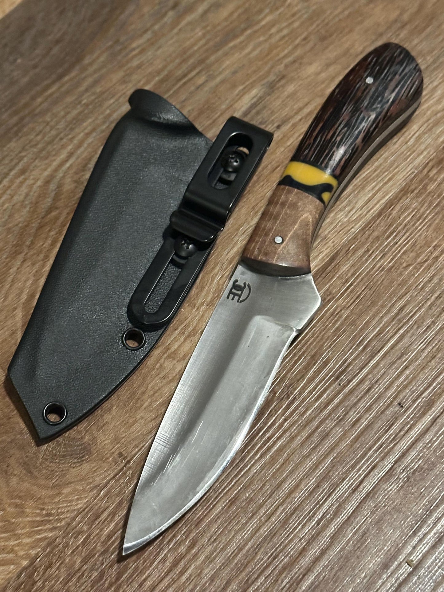 RockinEDC 8” Fixed Blade 8CR13MOV Steel Wood Handle Kydex Sheath FREE Engraving Texas Made Hunting Camping Fishing Maple & Blackpalm