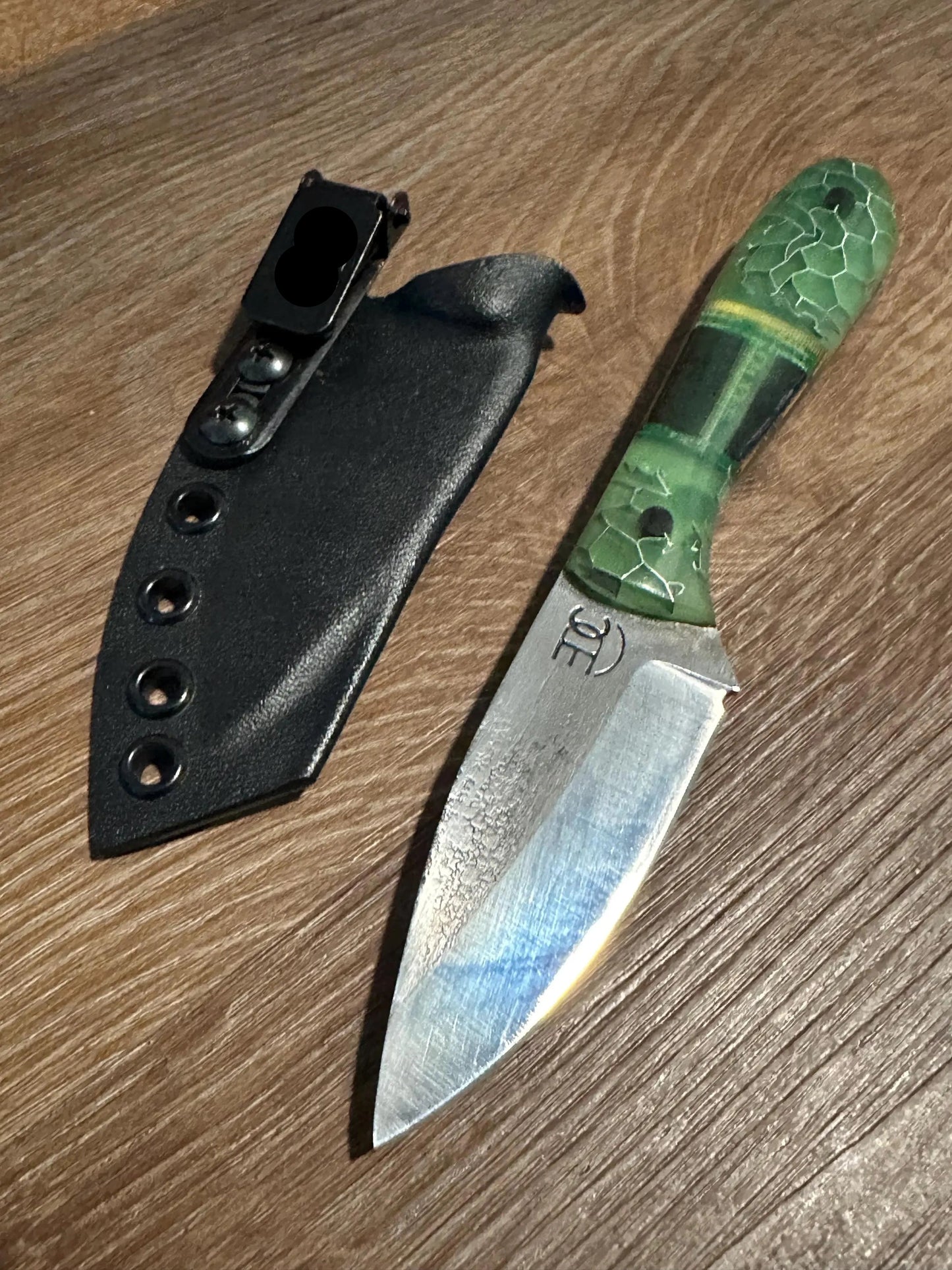 Handmade 7” 1095 Carbon Steel Knife with Computer Chip Handle Custom Engraved Fixed Blade Black Kydex Sheath Texas Made