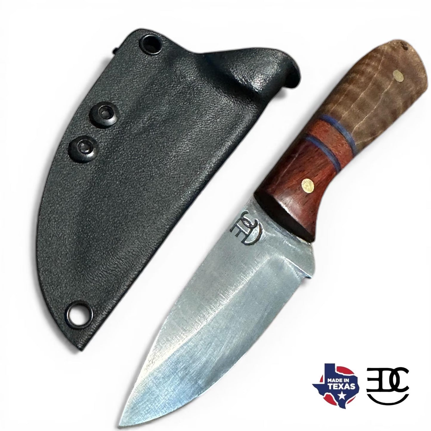 Handmade 7” 1095 Carbon Steel Knife Padauk & Micarta Handle Black Kydex Sheath w/ UtiliClip Texas Made RockinEDC