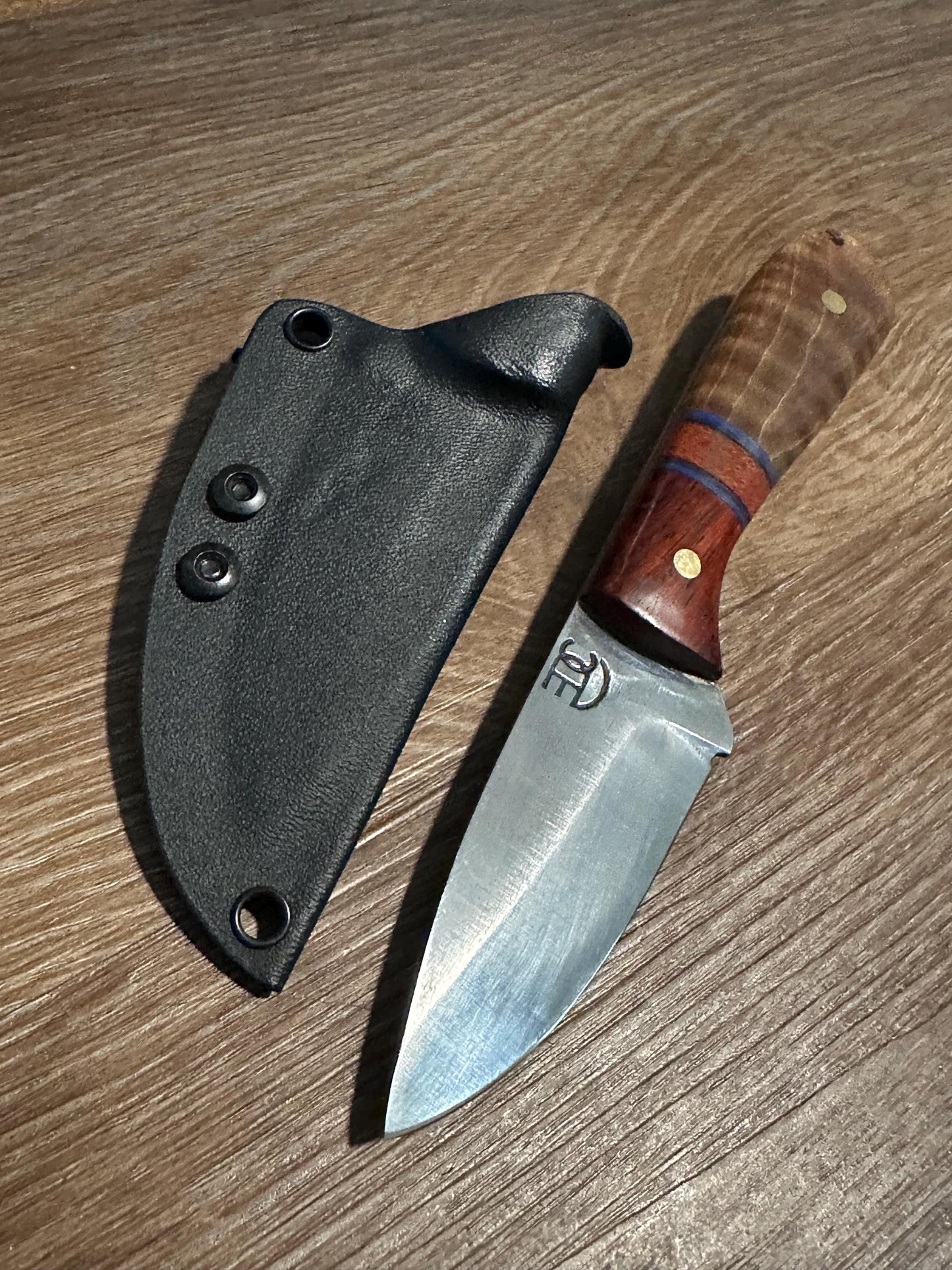 Handmade 7” 1095 Carbon Steel Knife Padauk & Micarta Handle Black Kydex Sheath w/ UtiliClip Texas Made RockinEDC