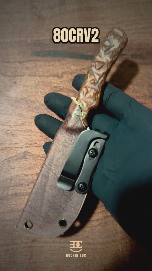 RockinEDC Cazador 80CrV2 Fixed Blade Multicolor Paper Micarta & Leather-Pattern Kydex