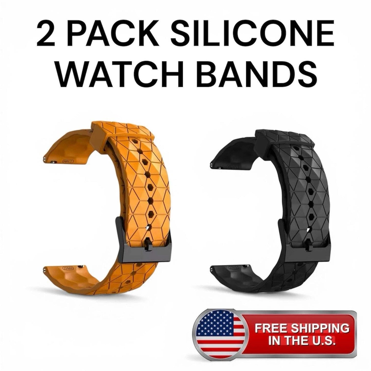 2 Pack 22mm Silicone Watch Bands Waterproof Sports Strap Yellow Black