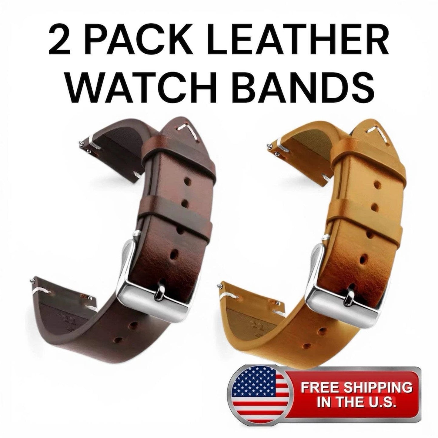 2 Pack 22mm Vintage Leather Watch Bands Distressed Brown Replacement Straps