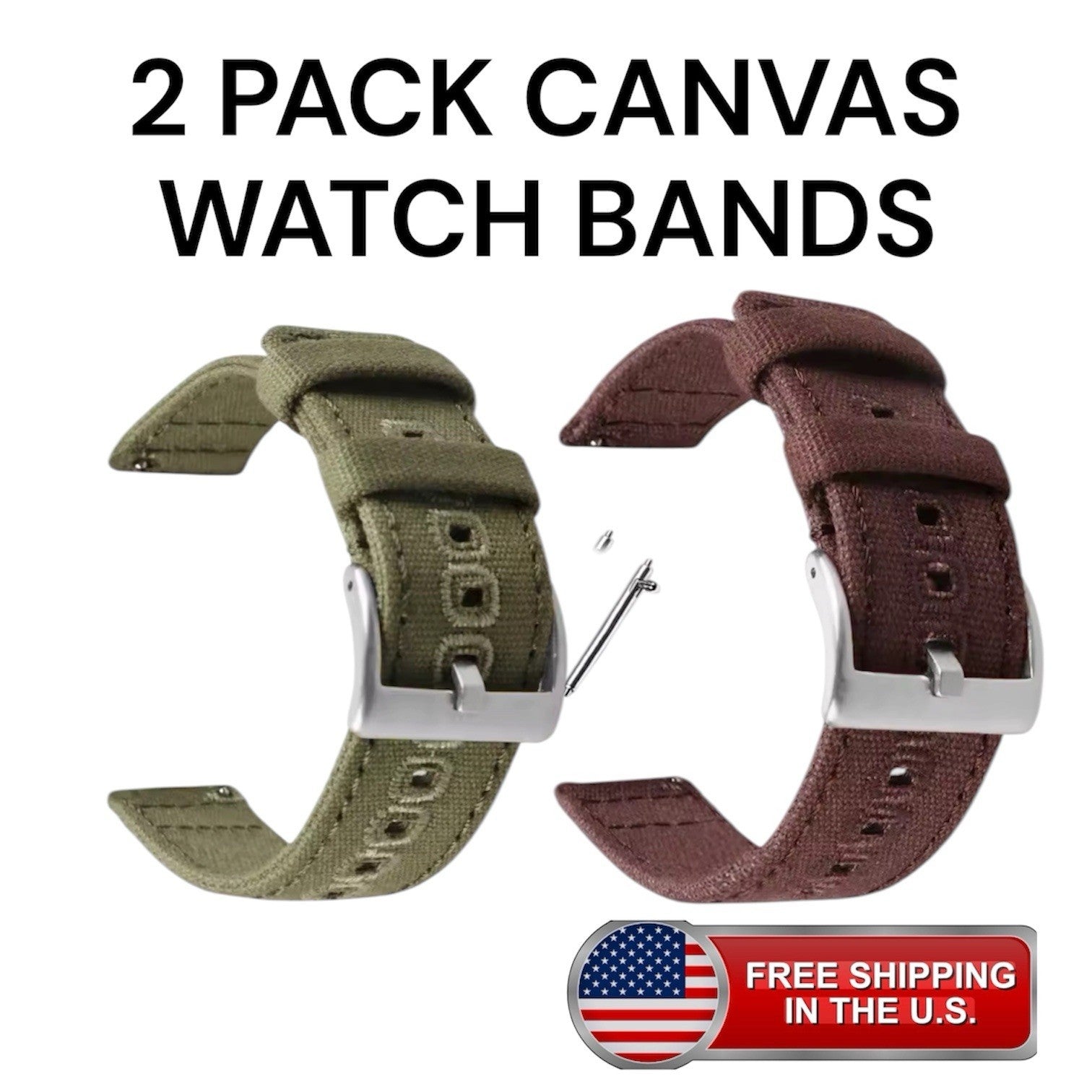 2 Pack Canvas Watch Bands Rugged Fabric Strap Military Style Brown/ Green 22mm