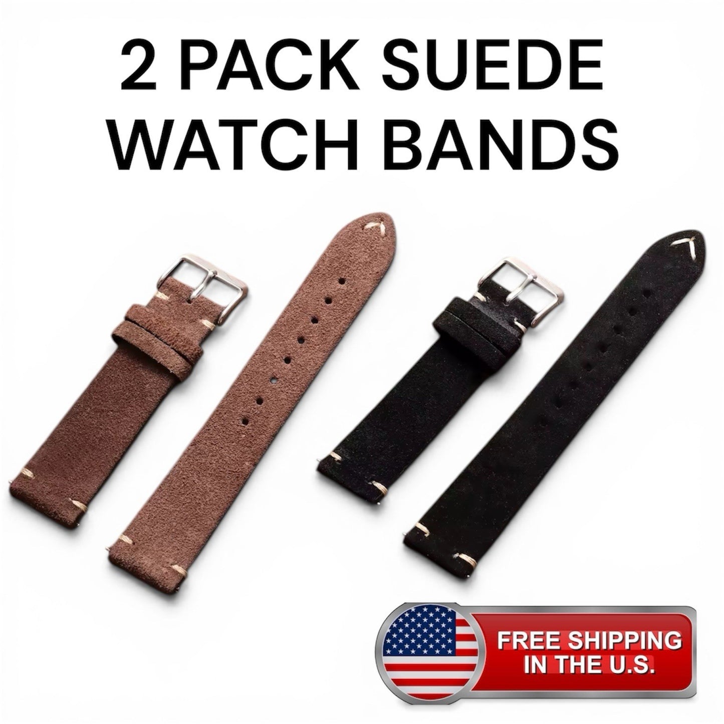 2 Pack Suede Watch Bands Vintage Soft Leather Strap Retro Brown/ Black 22mm