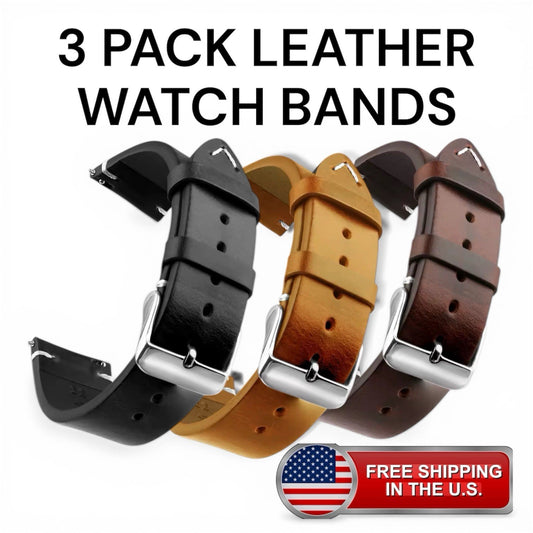 3 Pack Vintage Leather Watch Bands Distress Strap Dark/ Light Brown/ Black 20mm