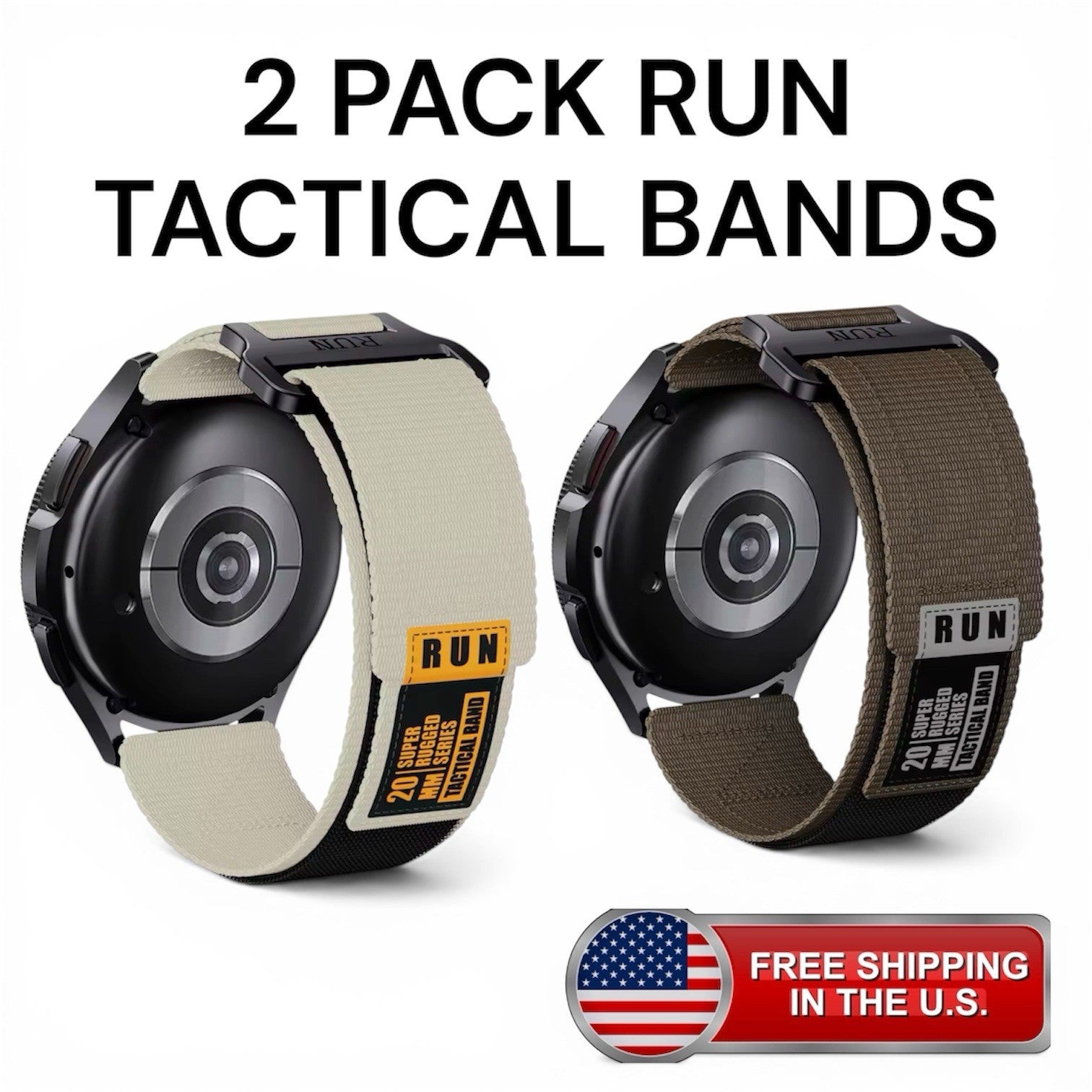22mm Tactical Nylon Watch Bands 2 Pack Rugged Sports Strap Military Light/ Brown